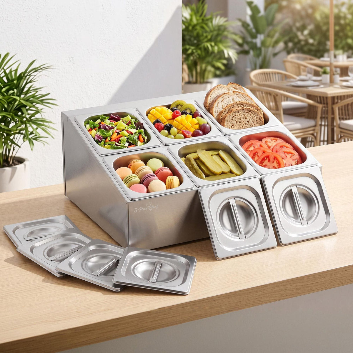 5-Star Chef Home & Garden > Kitchenware > Food Storage 5-Star Chef 6 Pan Food Serving Display Container Stainless Steel Food Container Lids