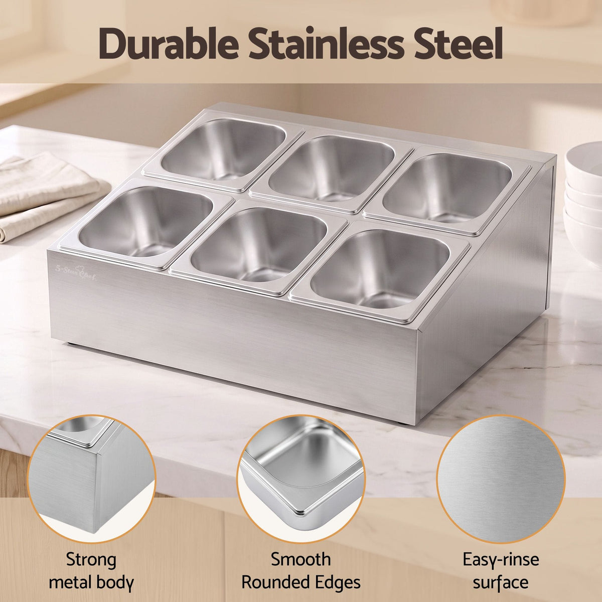 5-Star Chef Home & Garden > Kitchenware > Food Storage 5-Star Chef 6 Pan Food Serving Display Container Stainless Steel Food Container Lids