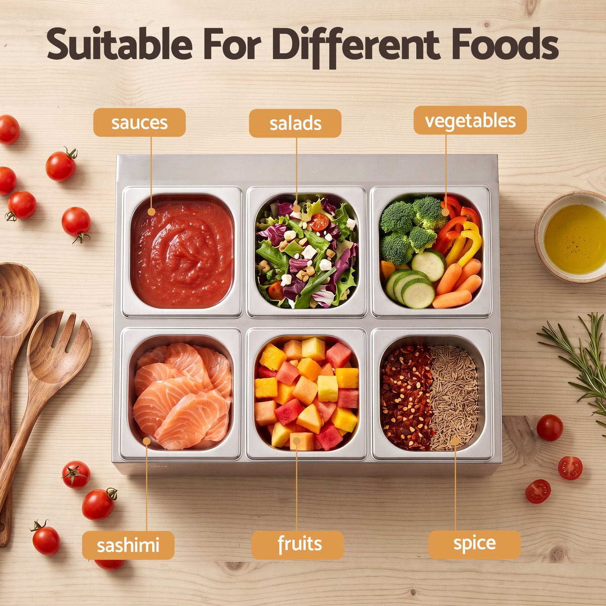 5-Star Chef Home & Garden > Kitchenware > Food Storage 5-Star Chef 6 Pan Food Serving Display Container Stainless Steel Food Container Lids