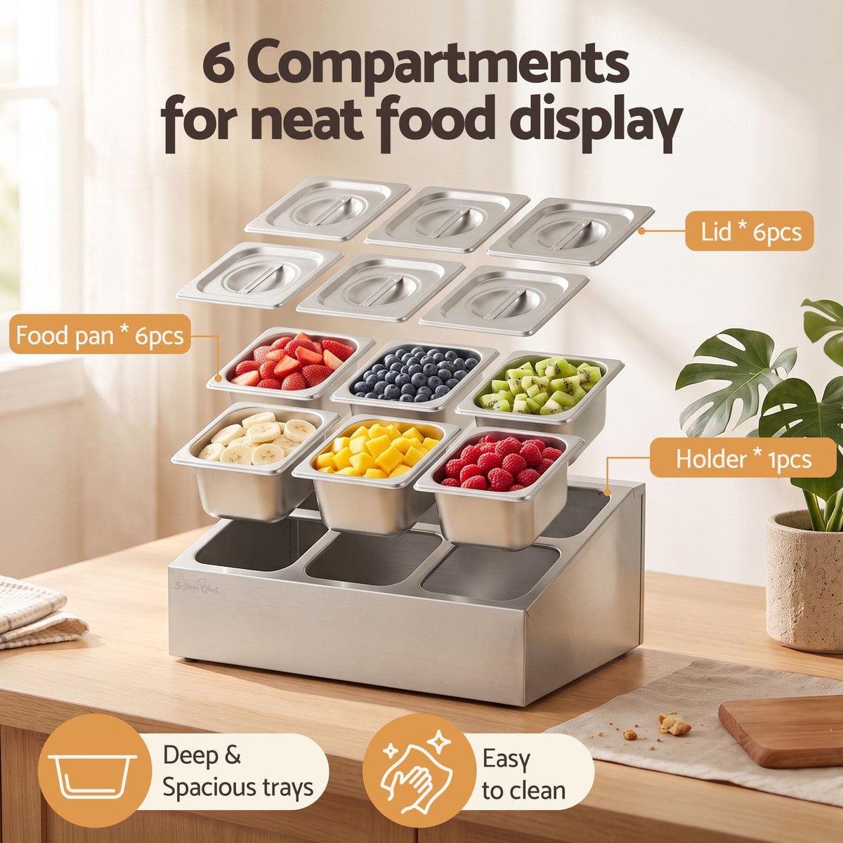 5-Star Chef Home & Garden > Kitchenware > Food Storage 5-Star Chef 6 Pan Food Serving Display Container Stainless Steel Food Container Lids