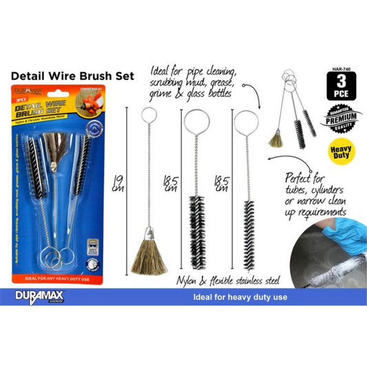 3pcs Large Wire Cleaning Detail Brush Set Steel Nylon Metal Glass Bottle Tools