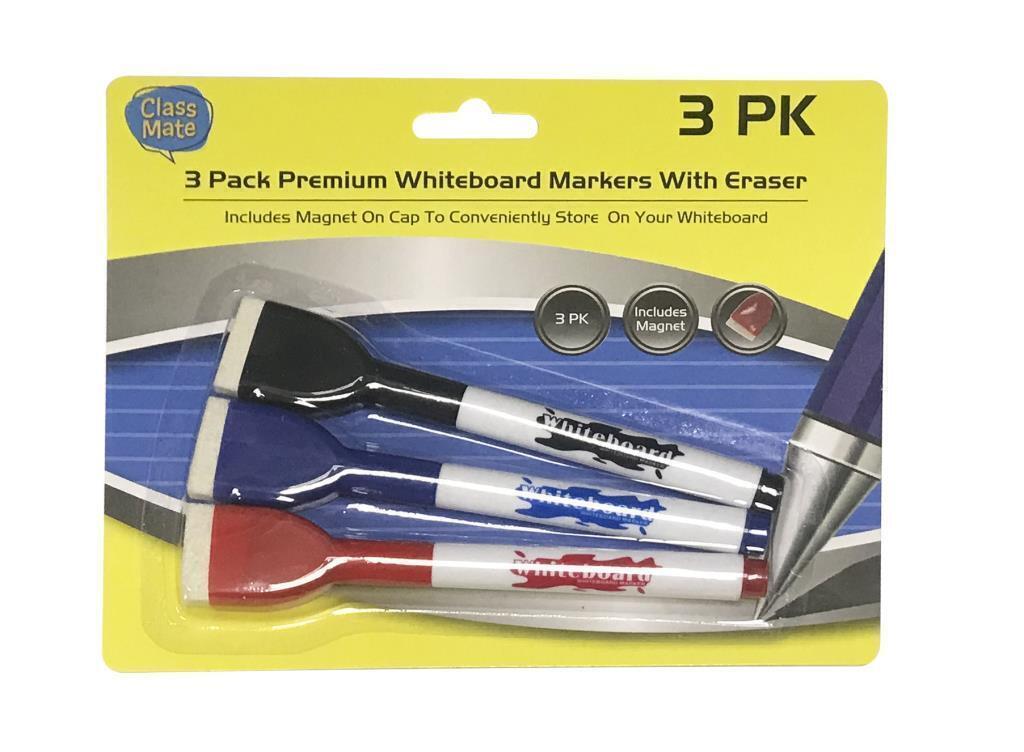 3Pack Whiteboard Markers With Built In Eraser Magnet Black Red Blue School