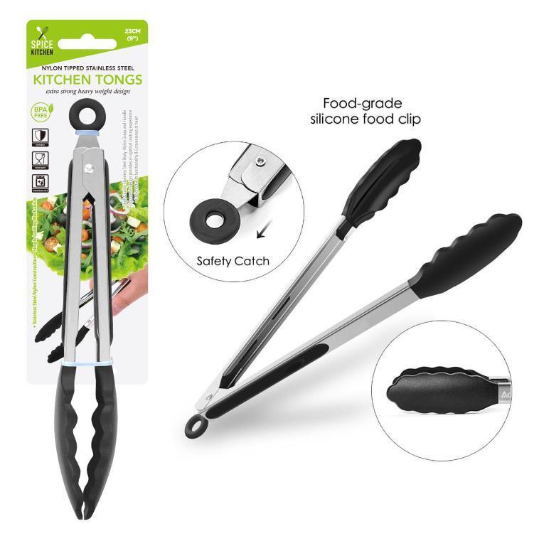 Nylon Tipped Stainless Steel Tongs 23CM Kitchen Clip Food Cooking Serving BBQ