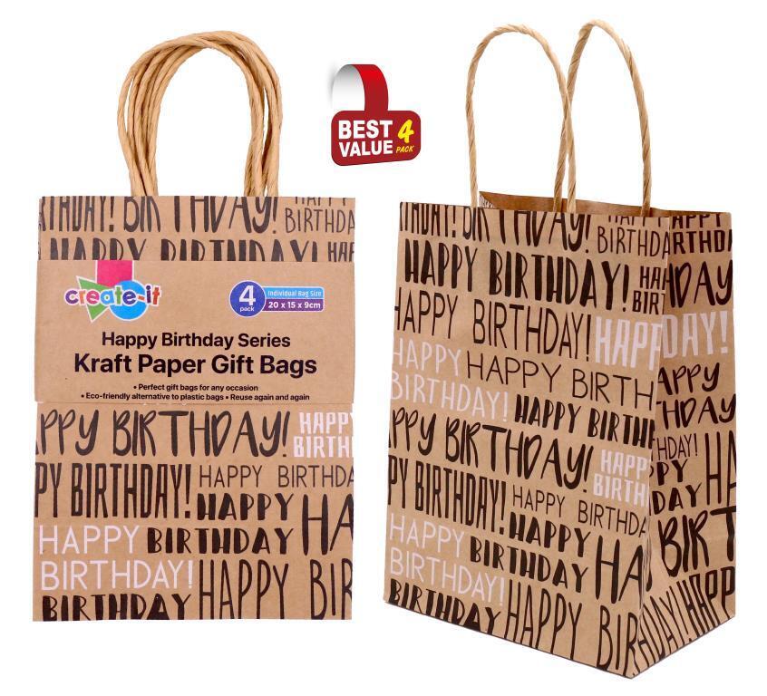 4x Happy Birthday Bag Kraft Paper Bags Gift Carry Craft Brown with Handles