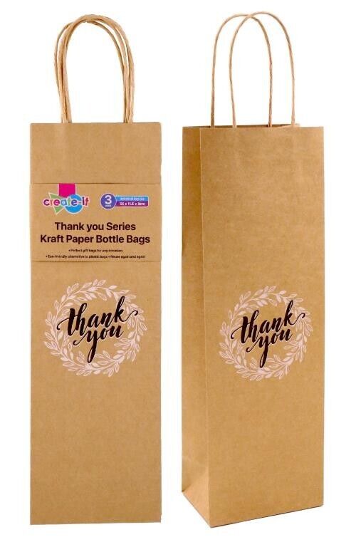 3 Pack Wine Paper Bags Gift Party Shopping Carry Craft Brown Bag with Handles