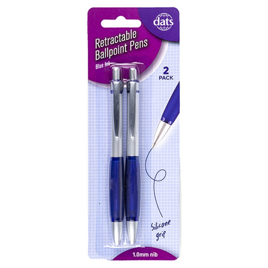 2pk Blue Ink Pen Ballpoint Retractable with Silicone Grip School Office