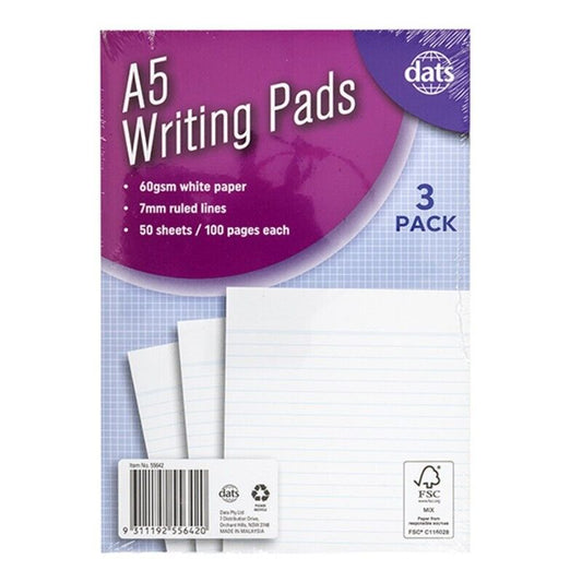 3pk A5 Ruled Plain Writing Pad 14.8cm x 21cm Paper Office Study Note Book Memo