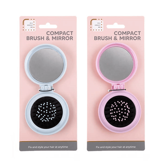 Pop Up Brush & Compact Mirror Easy To Keep In Purse Make Up Portable Pink Blue