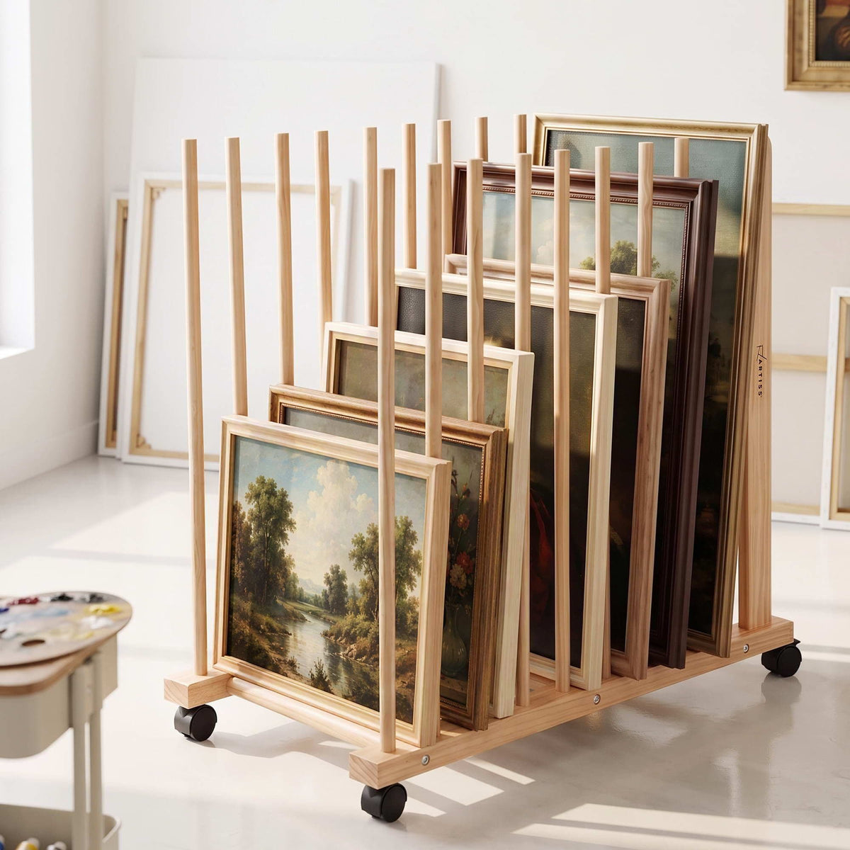 Alona.com.au Home & Garden > Hobbies > Arts & Crafts Artiss Art Drying & Storage Rack with Caster Wheels, Solid Wood Adjustable Slots Rack for Drawing Boards, Panels, Paintings, Artworks Display