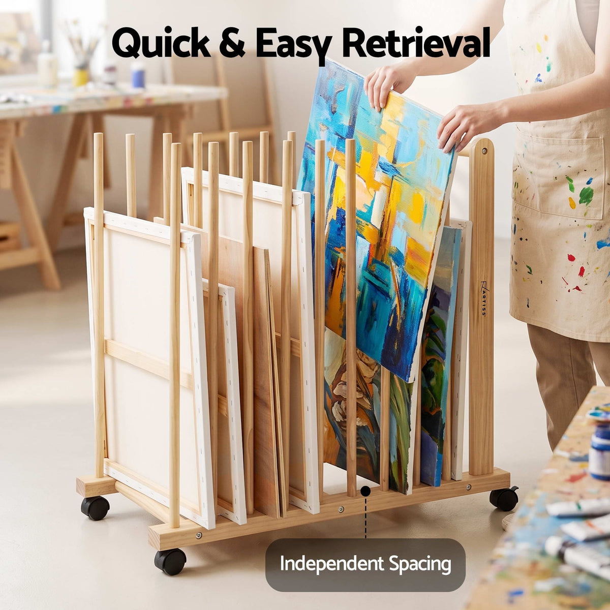 Alona.com.au Home & Garden > Hobbies > Arts & Crafts Artiss Art Drying & Storage Rack with Caster Wheels, Solid Wood Adjustable Slots Rack for Drawing Boards, Panels, Paintings, Artworks Display