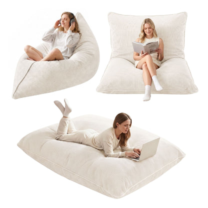 Artiss 3 in 1 Bean Bag Chair Cover (No Filler) Convertible Bean Bag for Adults, Corduroy Stuffed Animal Storage Bean Bag Cover Washable for Living Room Bedroom, Beige
