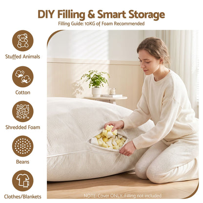Artiss 3 in 1 Bean Bag Chair Cover (No Filler) Convertible Bean Bag for Adults, Corduroy Stuffed Animal Storage Bean Bag Cover Washable for Living Room Bedroom, Beige