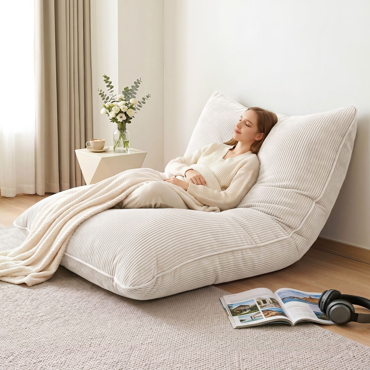 Artiss 3 in 1 Bean Bag Chair Cover (No Filler) Convertible Bean Bag for Adults, Corduroy Stuffed Animal Storage Bean Bag Cover Washable for Living Room Bedroom, Beige
