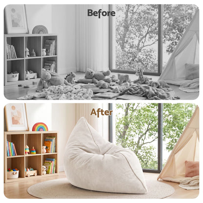 Artiss 3 in 1 Bean Bag Chair Cover (No Filler) Convertible Bean Bag for Adults, Corduroy Stuffed Animal Storage Bean Bag Cover Washable for Living Room Bedroom, Beige