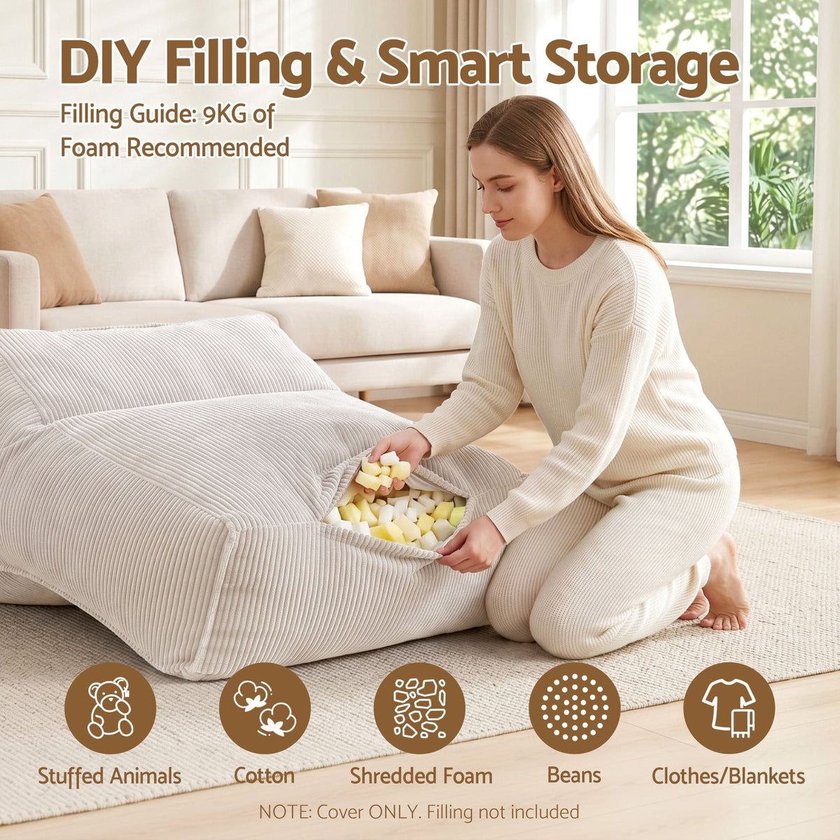 Artiss Bean Bag Chair Cover (No Filler) Soft Corduroy Stuffed Animal Storage Bean Bag Cover for Adults, Washable Lazy Sofa Cover for Living Room Bedroom, Beige