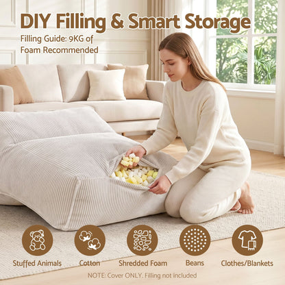 Artiss Bean Bag Chair Cover (No Filler) Soft Corduroy Stuffed Animal Storage Bean Bag Cover for Adults, Washable Lazy Sofa Cover for Living Room Bedroom, Beige