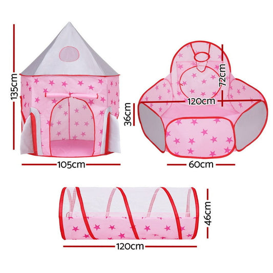 Keezi Kids Playhouse Play Tent Pop Up Castle Crawl Tunnel Basketball Hoop Pink