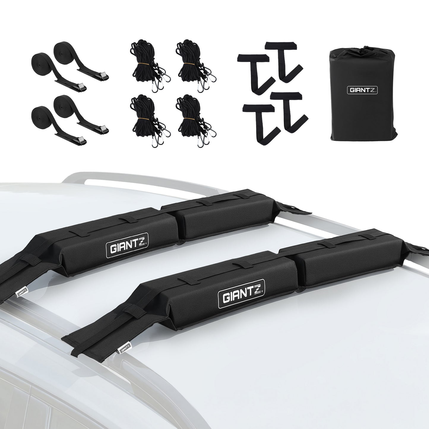 GIANTZ Kayak Roof Rack for Car, Universal Soft Roof Rack Pads for Surfboard SUP Canoe, Roof Bars for SUV Sedan without Side Rails, Portable Cross Bars with 4.5m Tie Down Straps & Ropes, 80kg Capacity