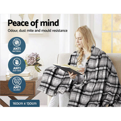 Giselle Bedding Electric Throw Rug Flannel Snuggle Blanket Washable Heated Grey and White Checkered