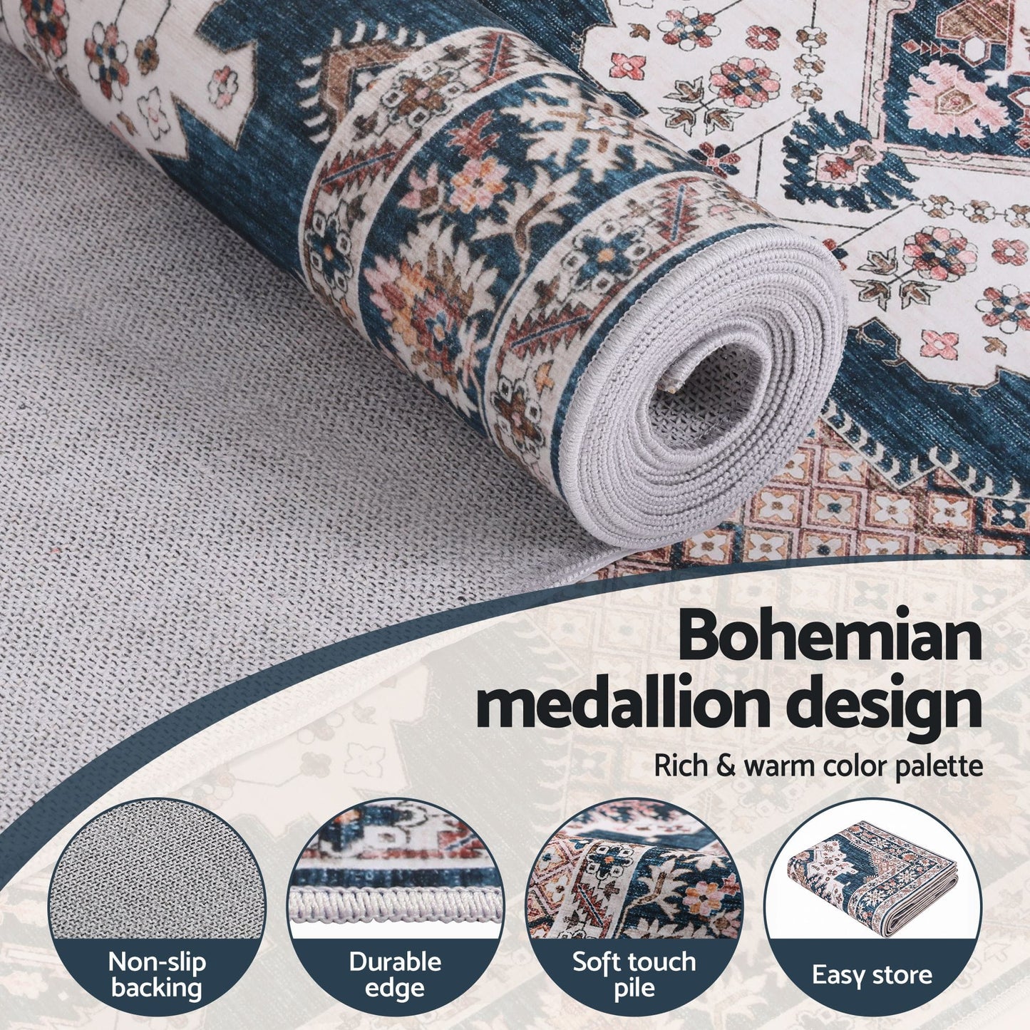 Artiss 80 x 300 cm Washable Runner Area Rug No Hard Glue Quilt-Like Soft for Home Decor, 0.5cm Ultra-Thin Pet Friendly Bohemian Medallion Bedroom Carpet