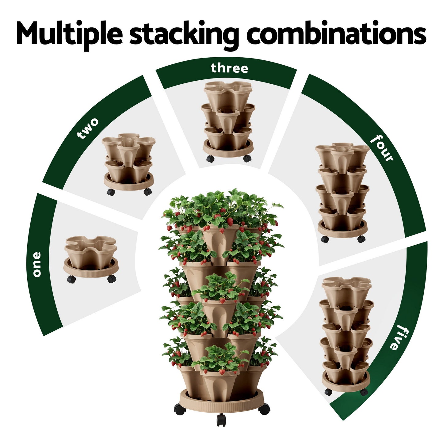 Green Fingers Garden Bed 5 Tier Vertical Garden Grey Strawberry Stackable Planters Herb Petunias Tan