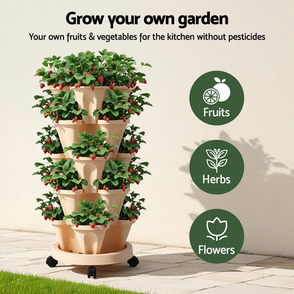 Green Fingers Garden Bed 5 Tier Vertical Garden Grey Strawberry Stackable Planters Herbs Beige