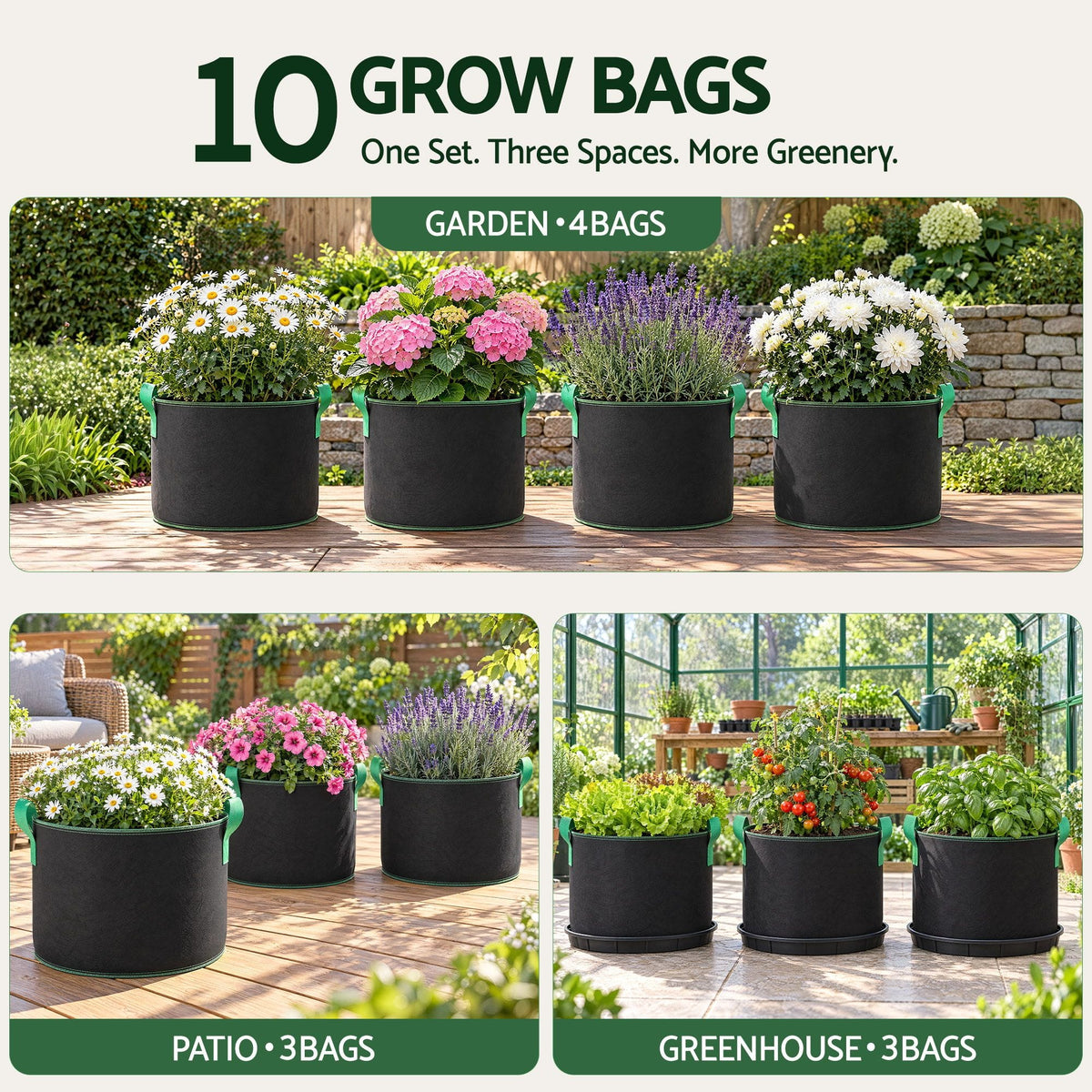 Alona.com.au Home & Garden > Garden Beds > Garden Beds & Planters Green Fingers 15 Gallon Grow Bags 300gsm thick Aeration Fabric Pots 10 Pack
