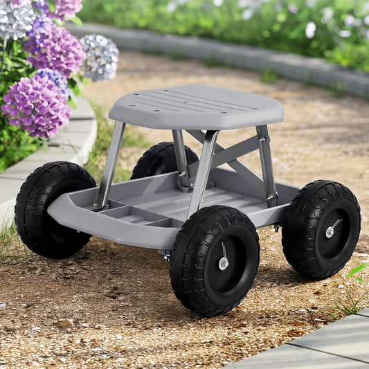 Gardeon Garden Cart Seat with Wheels, Rolling Work Stool with Tool Storage Tray, 440lbs (200kg) Heavy Duty Capacity Garden Stool for Outdoor Yard Work, Car Detailing, and Garage Maintenance, Grey/Black