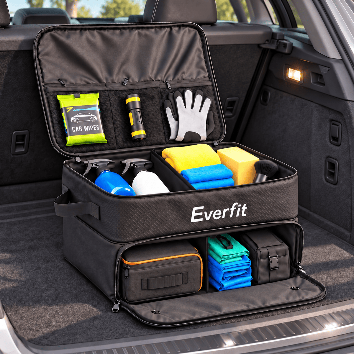 Everfit Sports & Fitness > Golf > Golf Accessories Everfit 2-Tier Car Boot Organiser Storage Bag Trunk Organiser with Ventilated Compartment Black
