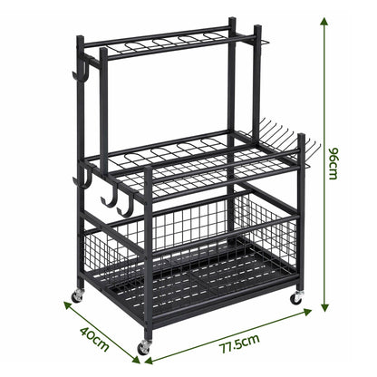 Gardeon Garden Tool Organizer Rack 16 Slots Rolling Garage Storage with Hooks