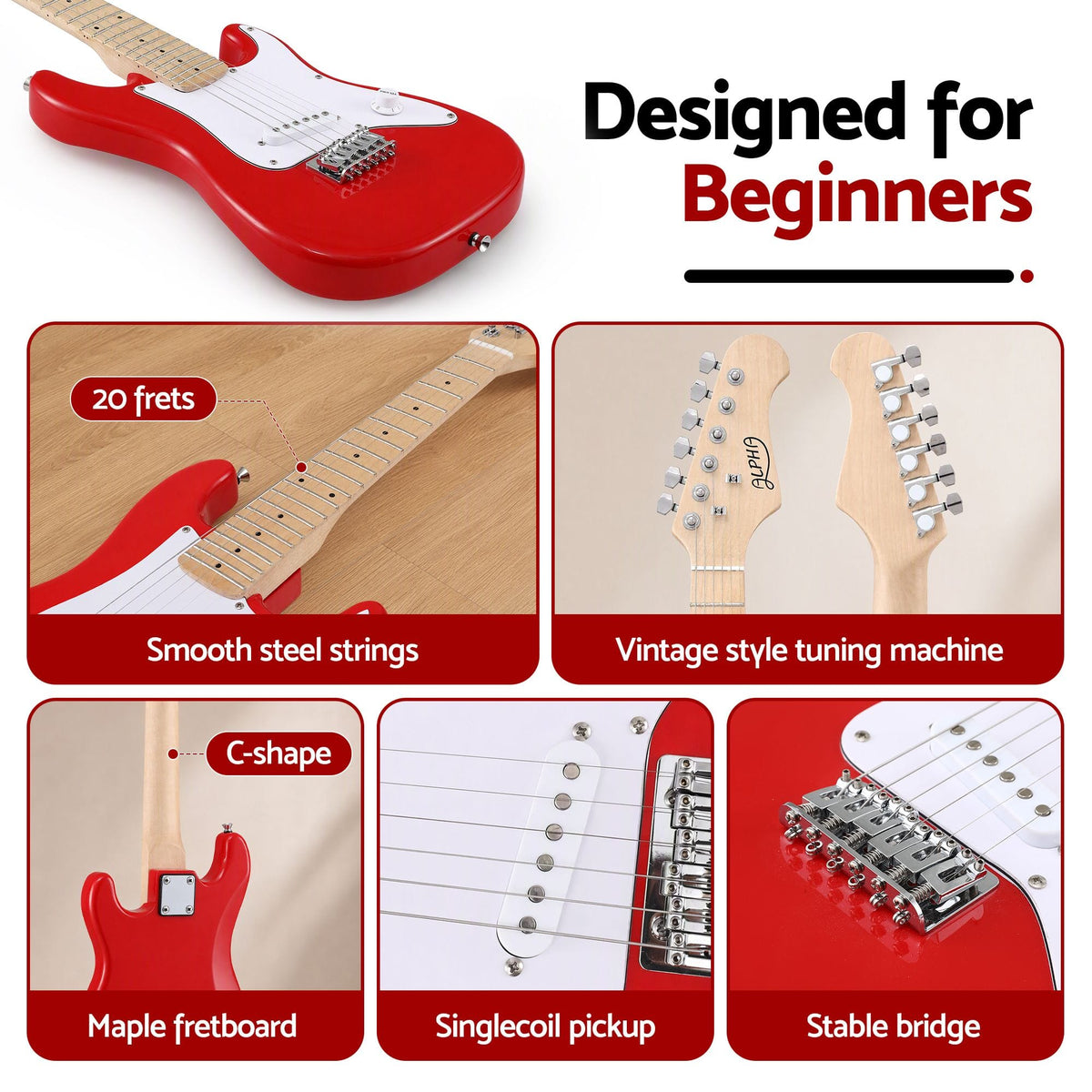 Alona.com.au Audio & Video > Musical Instrument & Accessories > Guitars Alpha 30 Inch Junior Electric Guitar Beginner Set with 3W Mini Amp Carry Bag and Accessories Red