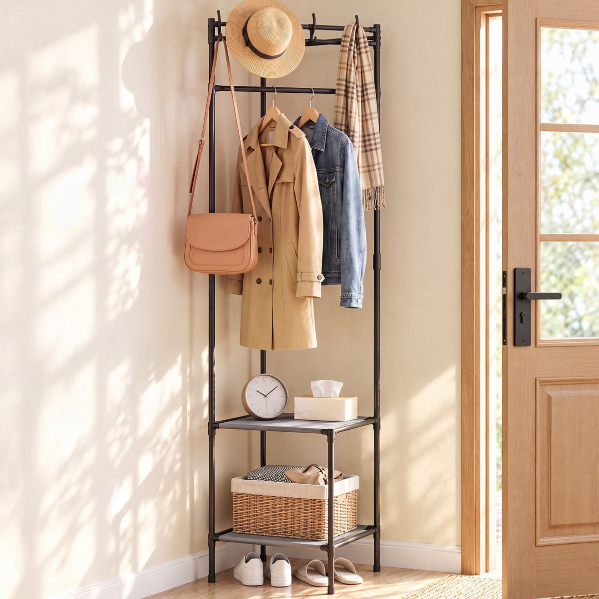 Alona.com.au Furniture > Living Room > Coat Racks Artiss Coat Rack 181cm Freestanding Corner Hall Tree Garment Organiser Storage Shelf 8 Hooks Black