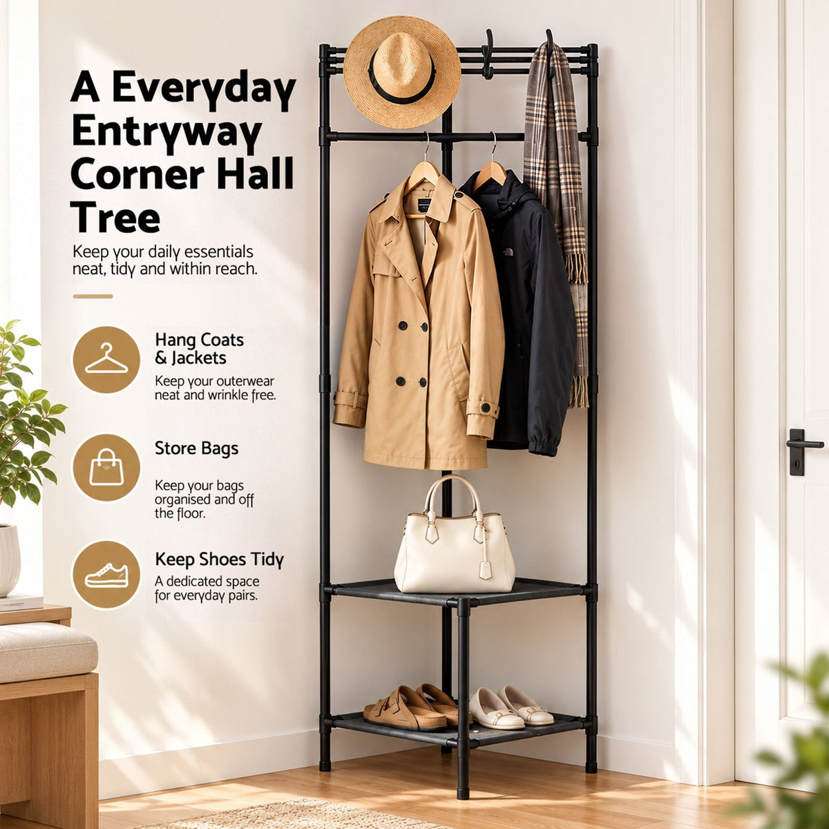 Alona.com.au Furniture > Living Room > Coat Racks Artiss Coat Rack 181cm Freestanding Corner Hall Tree Garment Organiser Storage Shelf 8 Hooks Black