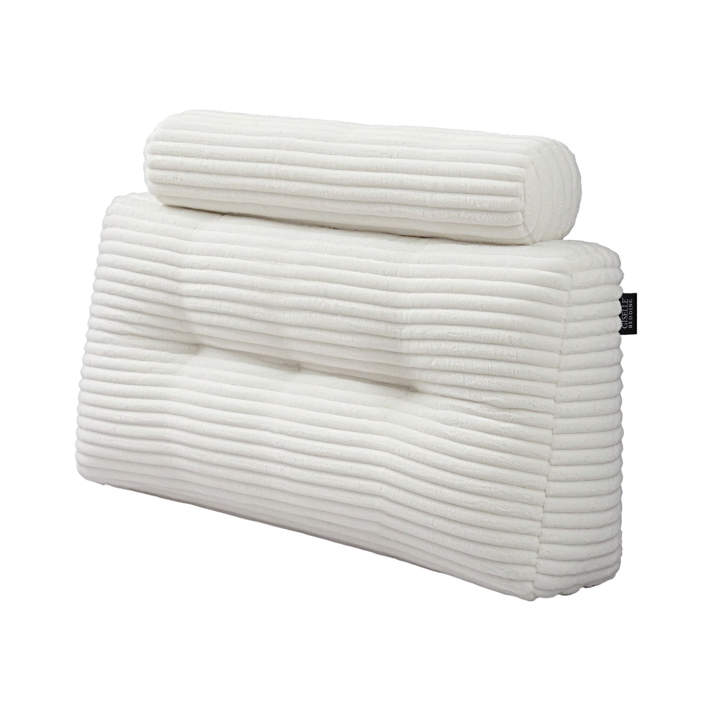 Giselle wedge pillow headboard with non-flattening shredded foam core, perfect for dorm reading or sofa lap desk, 330g corduroy cover, side pockets, King Single