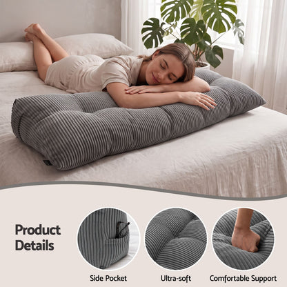 Giselle Headboard Pillow for Sitting in Bed, Upgraded Shredded Foam Reading Wedge Cushion for Lumbar Support, 320g Corduroy Backrest with Side Pockets for Dorm Daybed, Double
