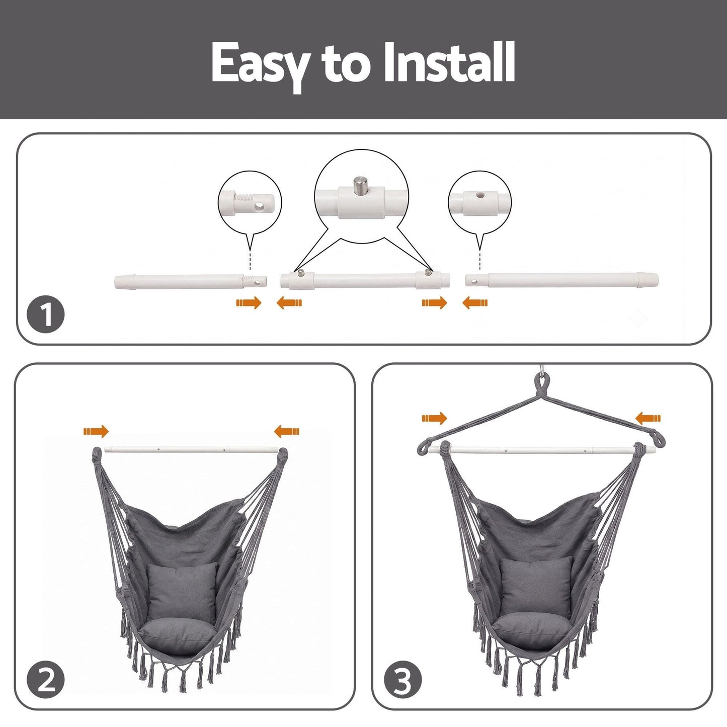 Gardeon Hammock Chair Camping Macrame Hanging Swing Cushions Metal Bar Grey