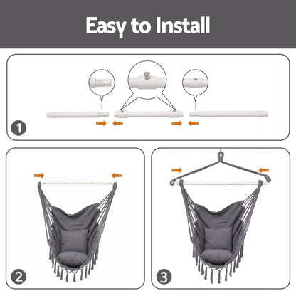 Gardeon Hammock Chair Camping Macrame Hanging Swing Cushions Metal Bar Grey