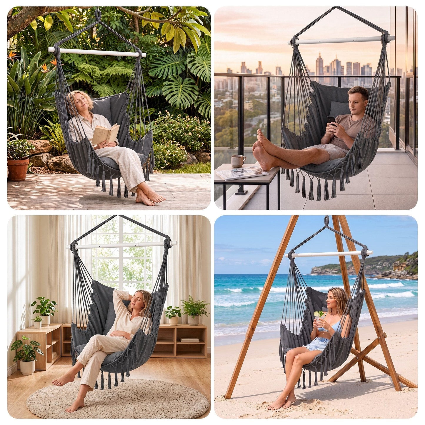 Gardeon Hammock Chair Camping Macrame Hanging Swing Cushions Metal Bar Grey