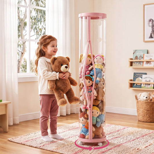 Alona.com.au Baby & Kids > Kid's Furniture > Toy Boxes Keezi Stuffed Animal Storage Tube 128cm with Wheels Kids Plush Toy Organiser Pink Transparent Dual Zipper