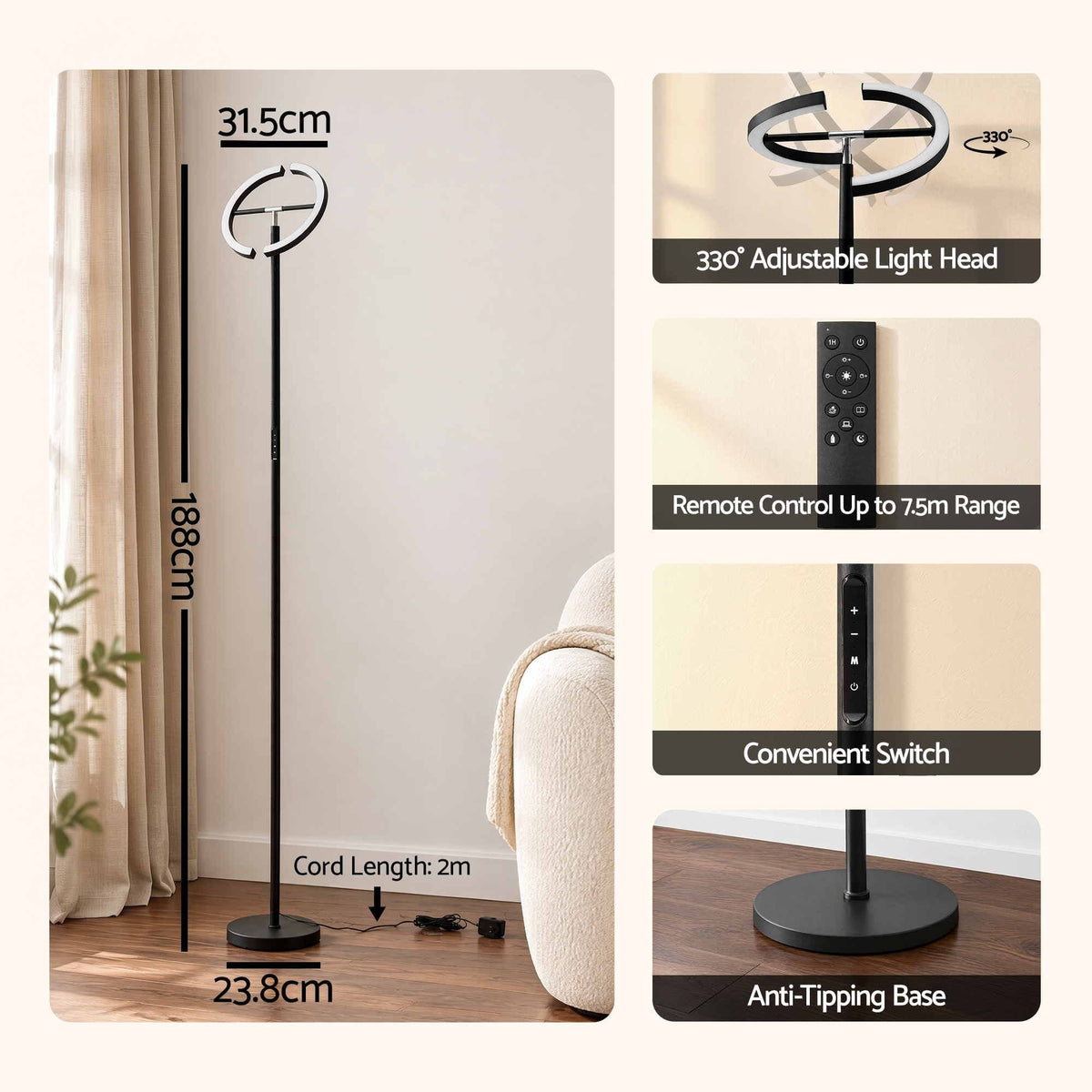Alona.com.au Home & Garden > Lighting > Floor Lamps Artiss LED Floor Lamp with Dual Rotating Heads, Dimmable Light and Remote Control Black 20W