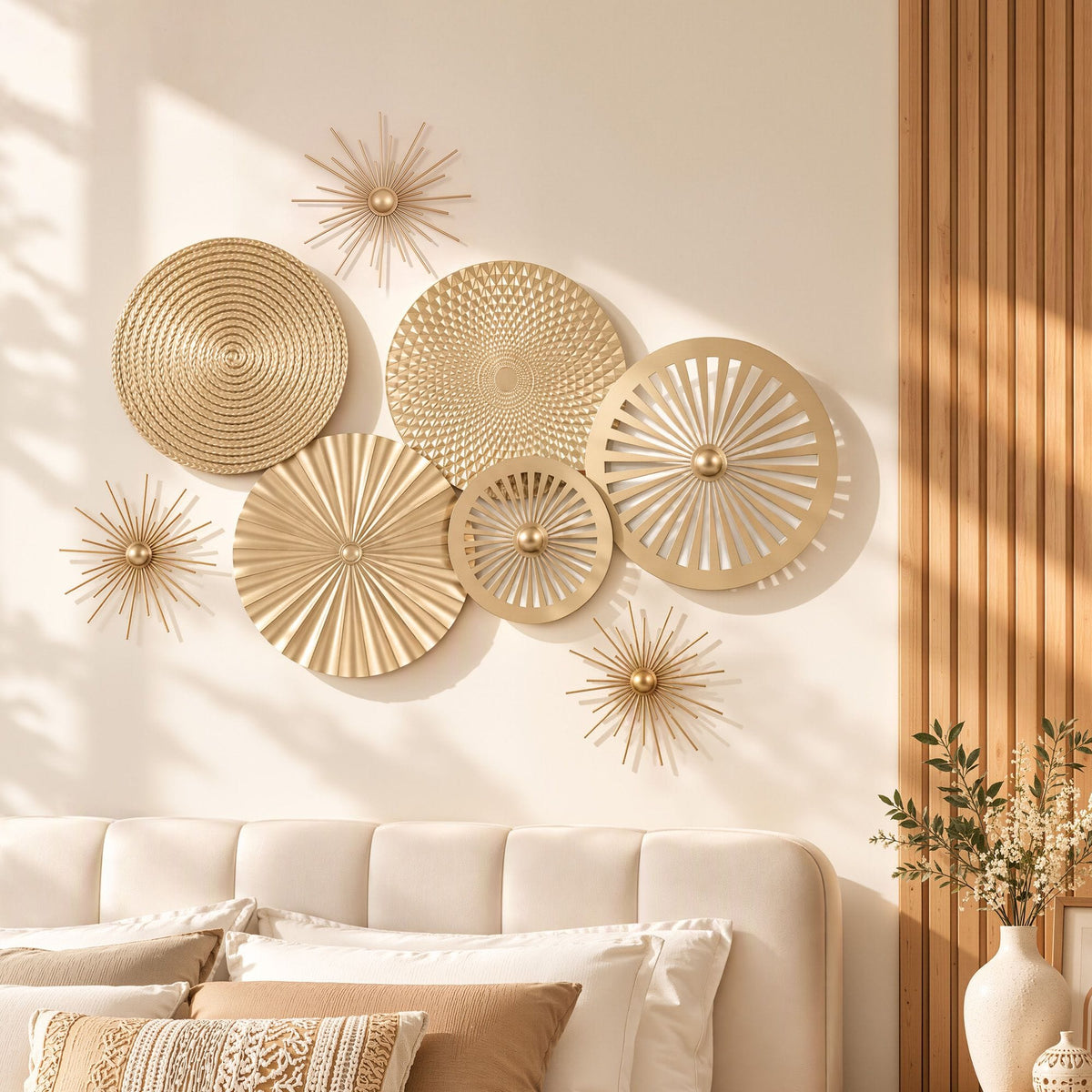 Alona.com.au Home & Garden > Wall Art > 3D Wall Art Artiss 8 Pieces Gold Metal Wall Decor Set 3D Starburst Round Disc Sculptures Flexible DIY Layout