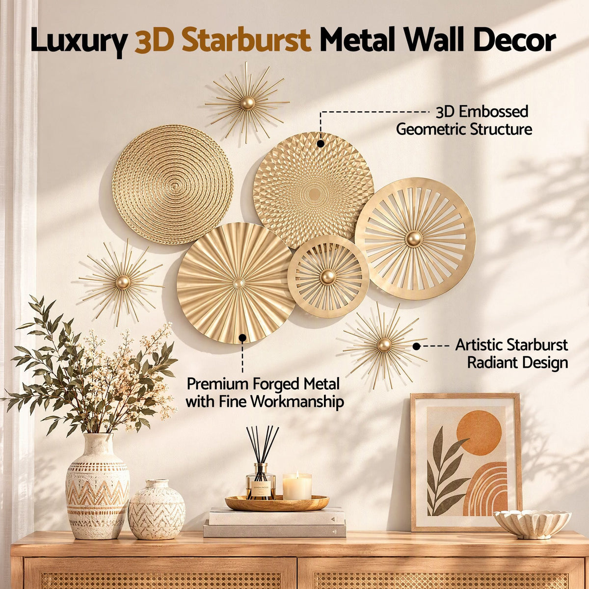 Alona.com.au Home & Garden > Wall Art > 3D Wall Art Artiss 8 Pieces Gold Metal Wall Decor Set 3D Starburst Round Disc Sculptures Flexible DIY Layout