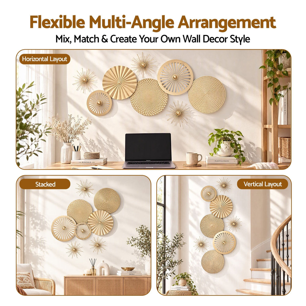 Alona.com.au Home & Garden > Wall Art > 3D Wall Art Artiss 8 Pieces Gold Metal Wall Decor Set 3D Starburst Round Disc Sculptures Flexible DIY Layout
