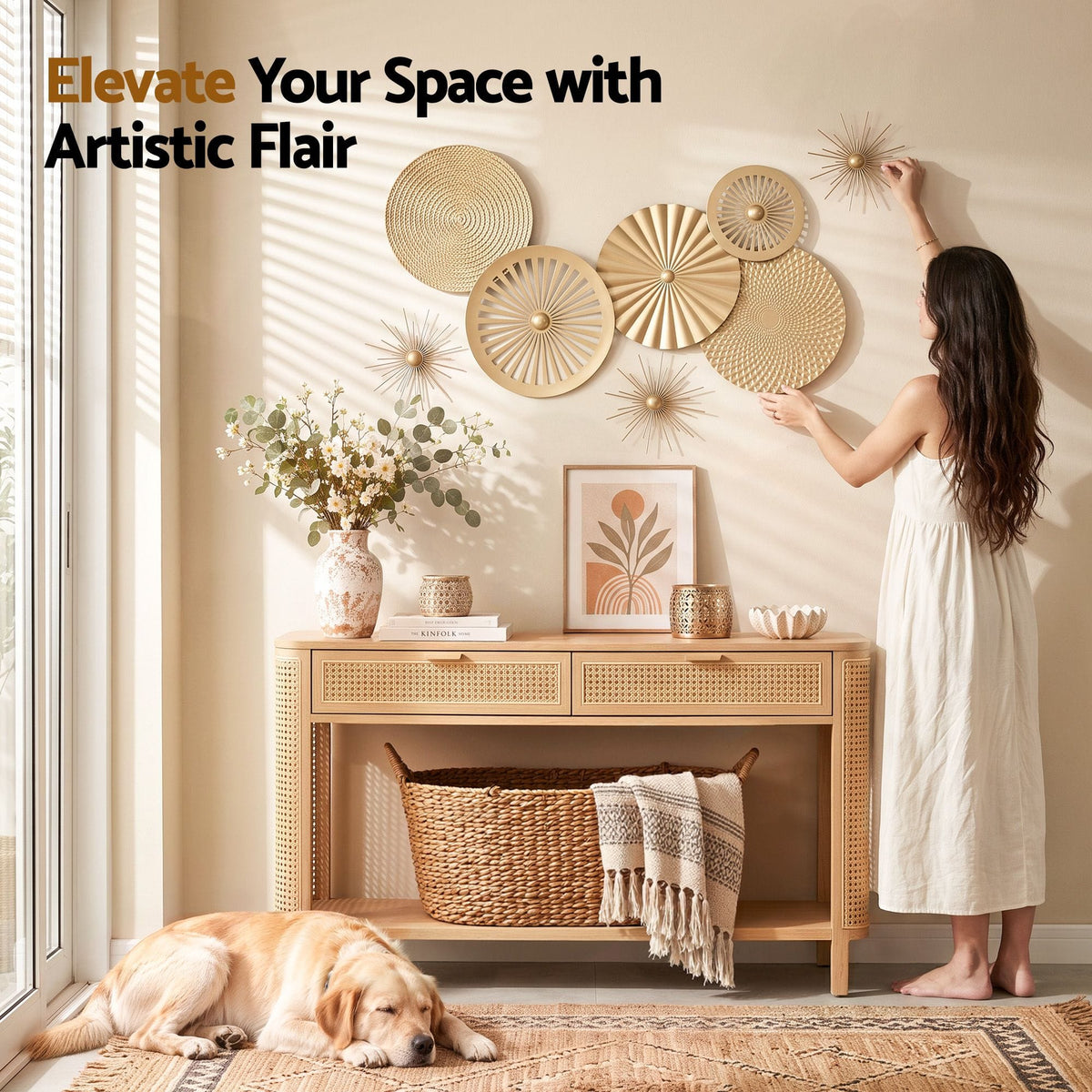 Alona.com.au Home & Garden > Wall Art > 3D Wall Art Artiss 8 Pieces Gold Metal Wall Decor Set 3D Starburst Round Disc Sculptures Flexible DIY Layout