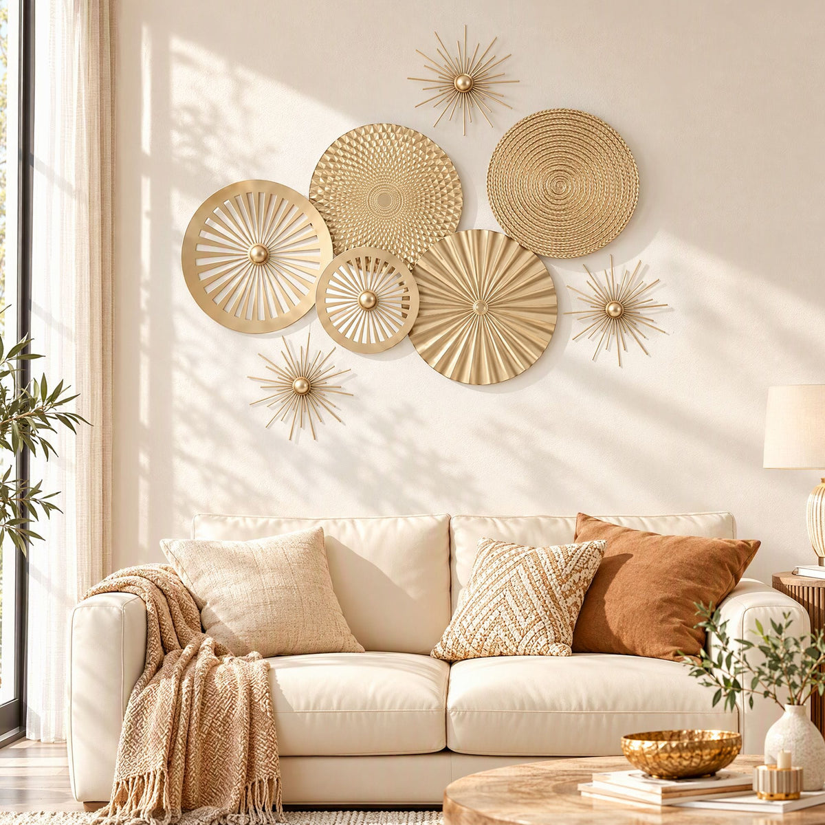 Alona.com.au Home & Garden > Wall Art > 3D Wall Art Artiss 8 Pieces Gold Metal Wall Decor Set 3D Starburst Round Disc Sculptures Flexible DIY Layout