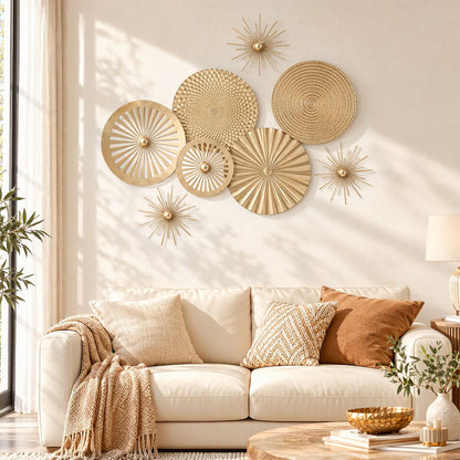 Alona.com.au Home & Garden > Wall Art > 3D Wall Art Artiss 8 Pieces Gold Metal Wall Decor Set 3D Starburst Round Disc Sculptures Flexible DIY Layout
