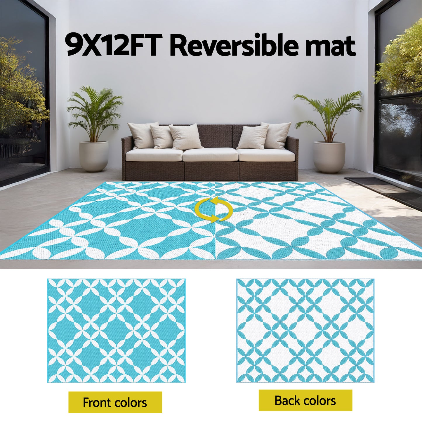 Gardeon Outdoor Rugs 274x366cm Large Carpet Reversible Area Mat PP Dual-Sided Patio Rug Light Blue
