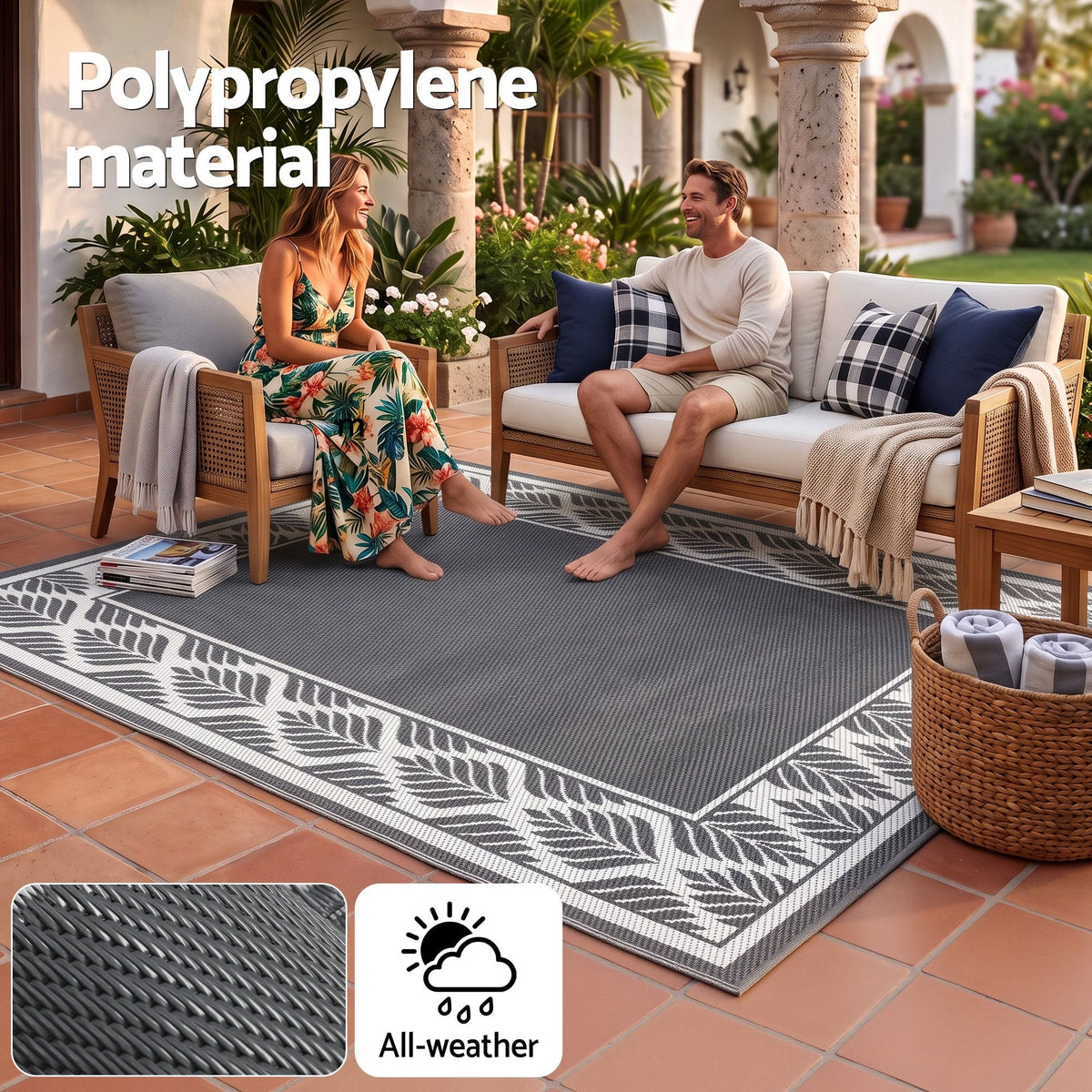 Alona.com.au Home & Garden > Rugs > Outdoor Rugs Gardeon Outdoor Rugs 274x366cm Large Carpet Reversible PP Dual-Sided Area Mat Patio Rug Grey