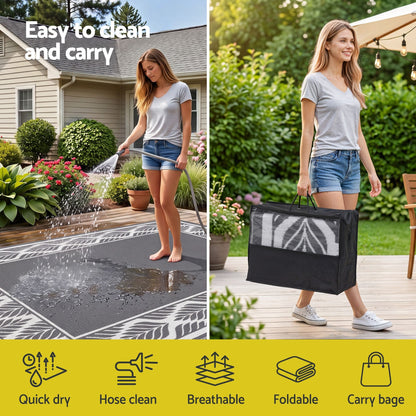 Alona.com.au Home & Garden > Rugs > Outdoor Rugs Gardeon Outdoor Rugs 274x366cm Large Carpet Reversible PP Dual-Sided Area Mat Patio Rug Grey