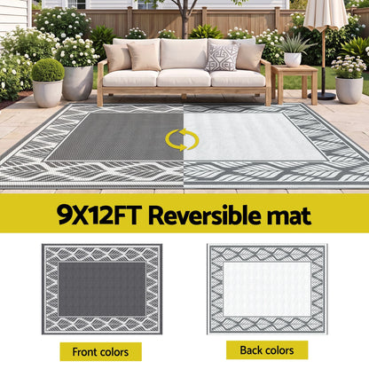 Alona.com.au Home & Garden > Rugs > Outdoor Rugs Gardeon Outdoor Rugs 274x366cm Large Carpet Reversible PP Dual-Sided Area Mat Patio Rug Grey